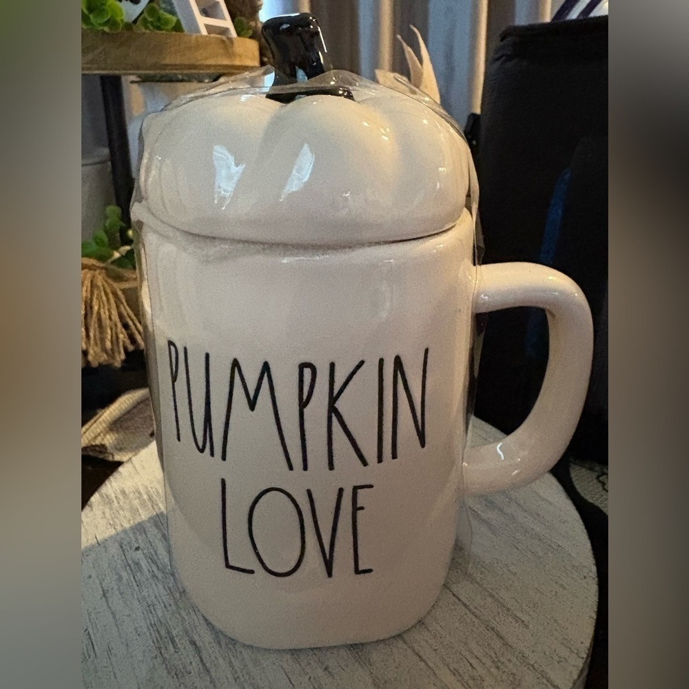 Rae Dunn Cream Pumpkin Love Mug with Black Stem